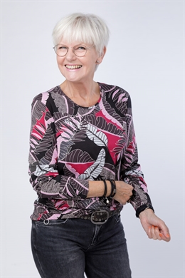 Gabriella K T-shirt med blad mønster i pink og lange ærmer